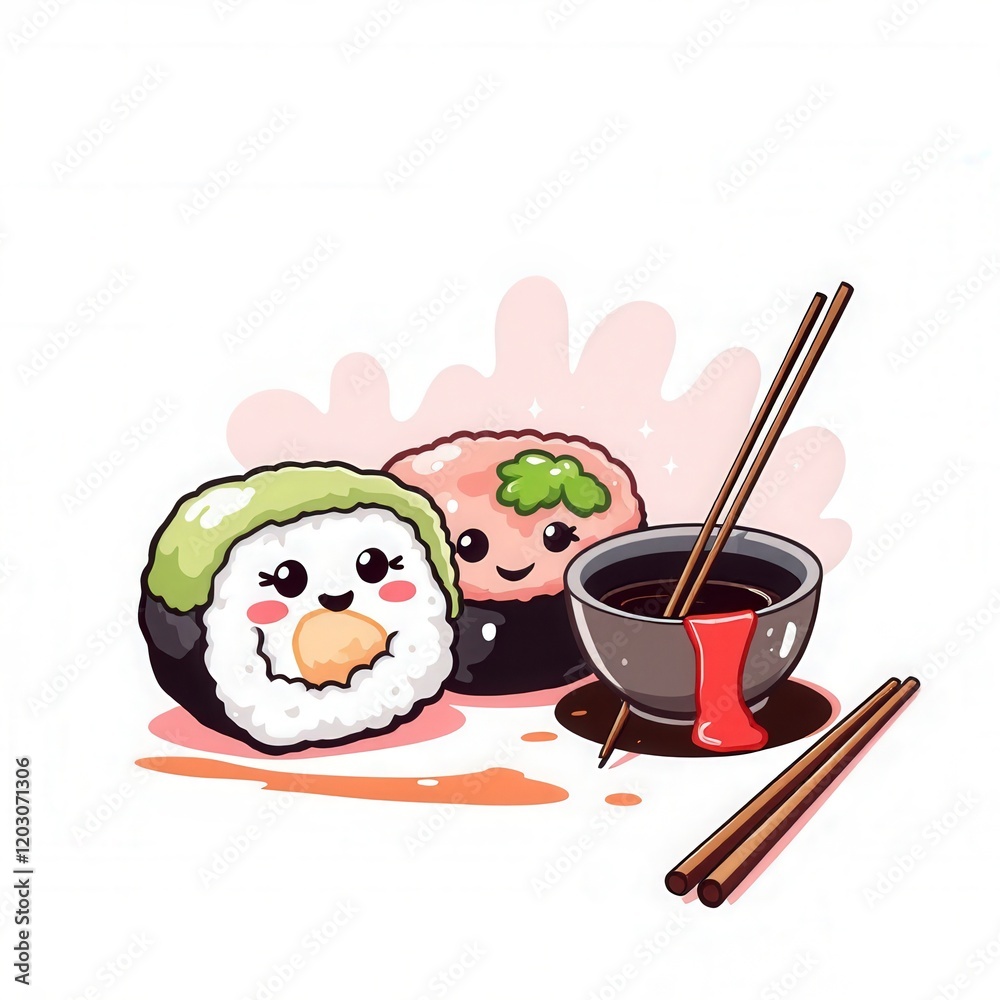 Cute Kawaii Sushi Rolls with Soy Sauce Cute Kawaii Sushi Rolls with Soy Sauce