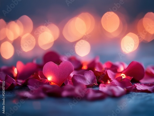 Romantic Rose Petals Glowing Heart Valentine s Day Background