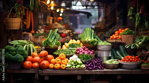 A lively and colorful vegetable market displaying a wide variety of produce that would be perfect for preparing a delicious bonsai soup  The stalls are brimming with an assortment of vibrant