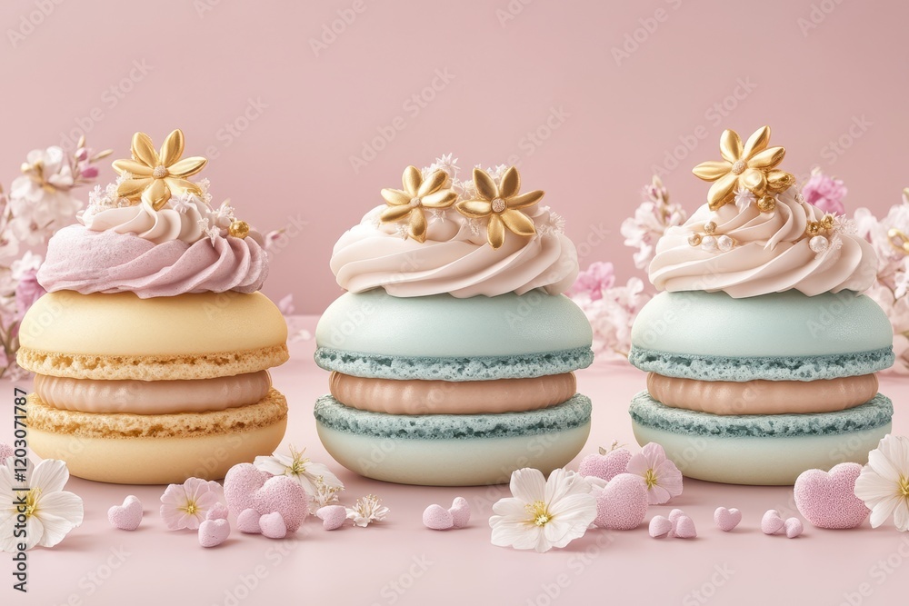 Delight in three delicate macarons adorned with creamy white and pink frosting, elegantly arranged on a soft pink surface, perfect for Valentine's Day. Delight in three delicate macarons adorned with creamy white and pink frosting, elegantly arranged on a soft pink surface, perfect for Valentine's Day.