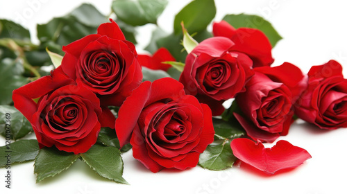 Red roses bouquets with petals and leaves