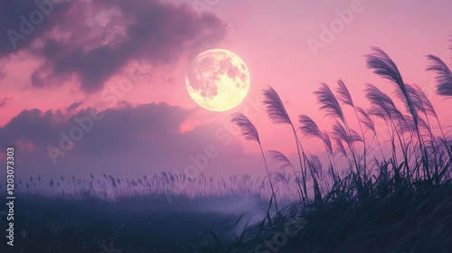 Full moon and Japanese pampas grass in midnight,The harvest Miscanthus sinensis and full moon,beautiful night sky in the countryside with the perfect pink moon exudes beauty in the dark.