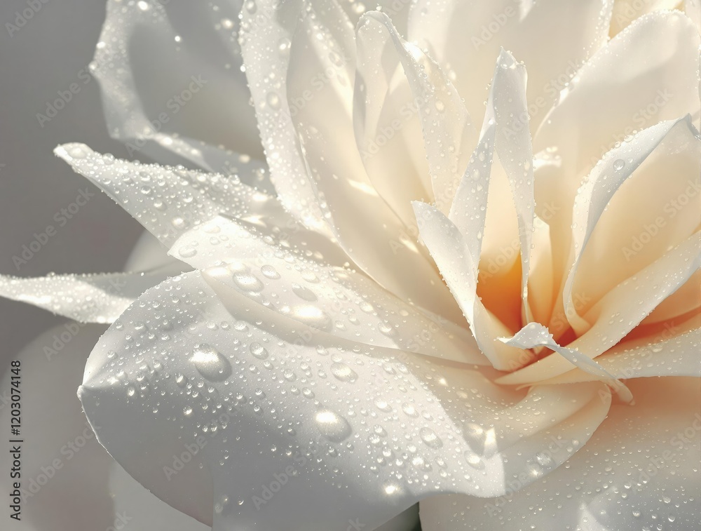 Close up of white flower petals with water droplets glistening in the light, freshness, artistic Close up of white flower petals with water droplets glistening in the light, freshness, artistic