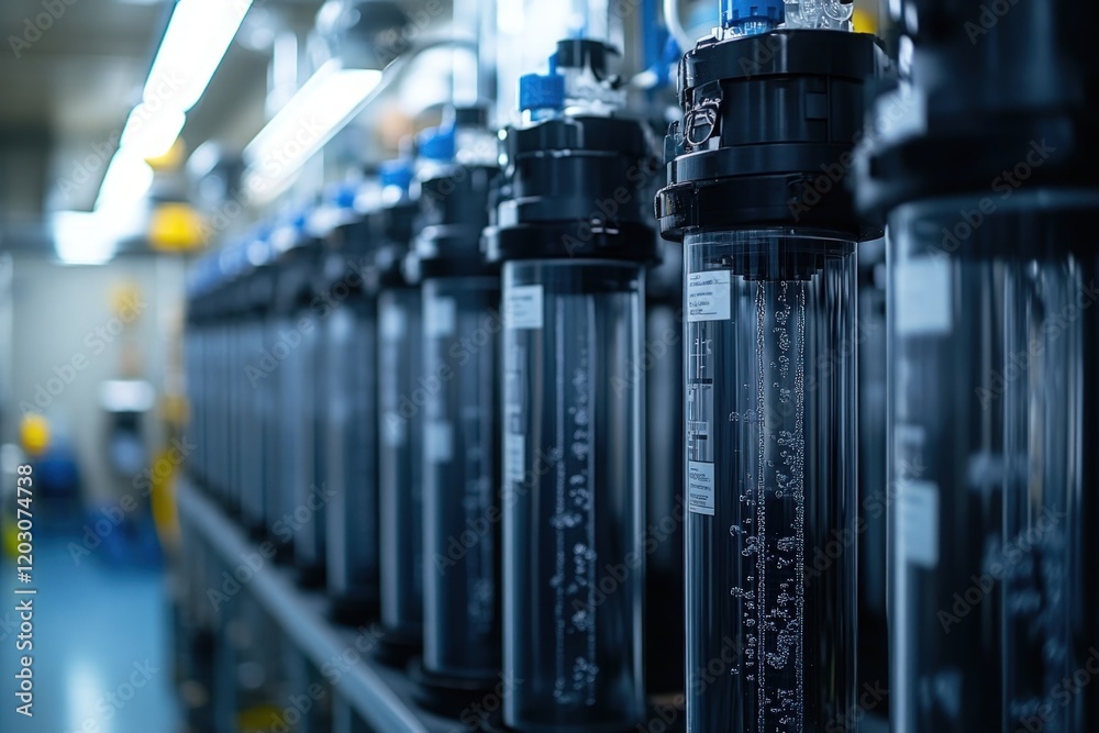 Rows of cylindrical laboratory equipment, filled with liquid. Rows of cylindrical laboratory equipment, filled with liquid.