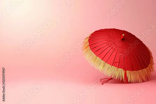 Elegant Red and Gold Japanese Parasol on Pink Background photo