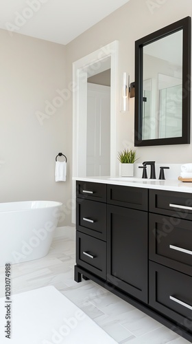 Modern bathroom interior featuring a sleek black vanity, stylish mirror, and a soothing color palette for a relaxing atmosphere.