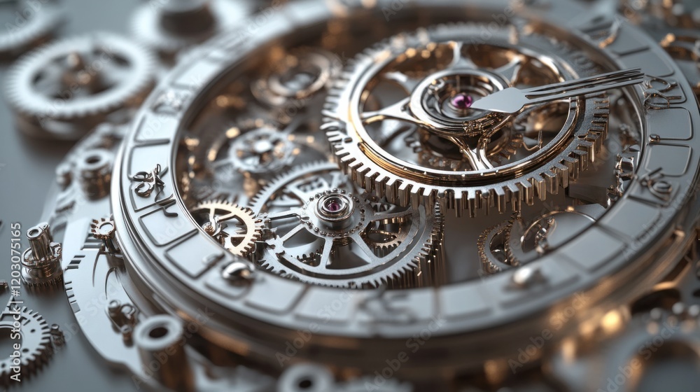 Obraz premium A steampunk-inspired clock with intricate gears and metallic details, creating a mechanical aesthetic, on a neutral background