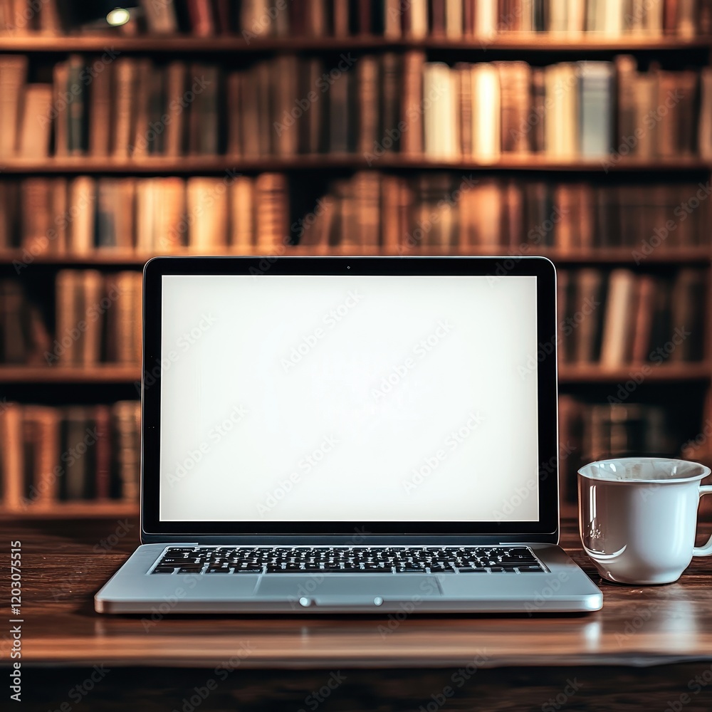 Laptop with blank screen on table in Modern library or bookstore interior with Learning and coworking space,relax zone,Library with rows of bookshelves,school or university,education concept.