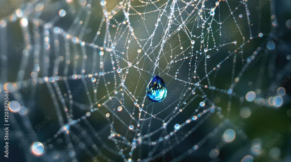 Naklejka premium Close-up of a single blue water drop on a spider's web , spider webs, macro photography, insect details, arachnid images