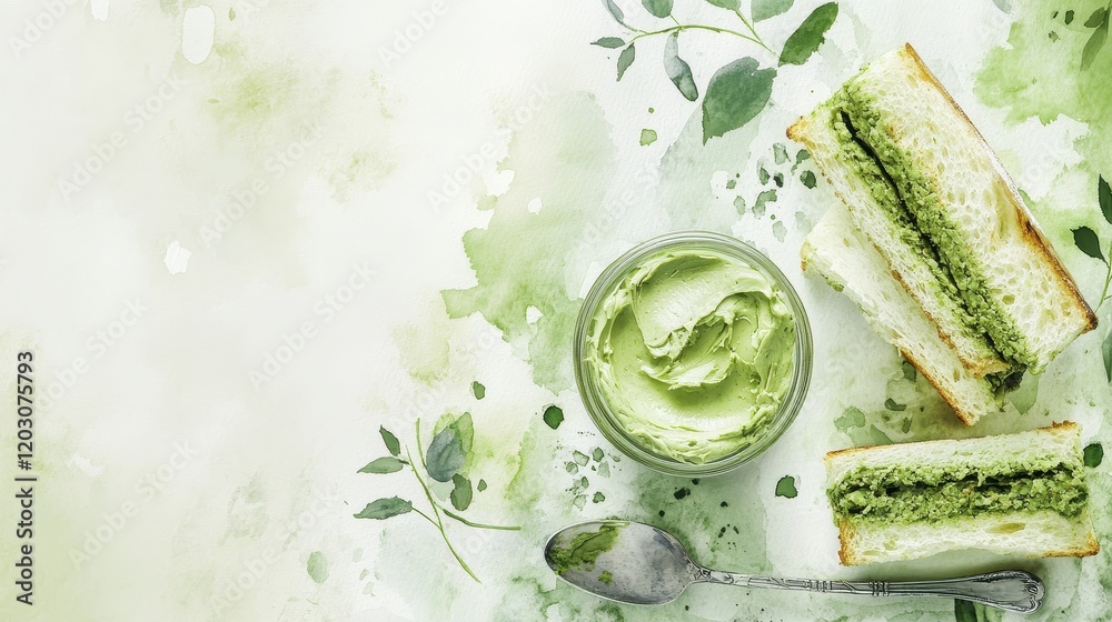 Obraz premium Watercolor set of Iced matcha latte in a glass, spoon with creamy green tea butter,isolated white background,menu matcha cafe,Japanese matcha latte,matcha tea,copy space.