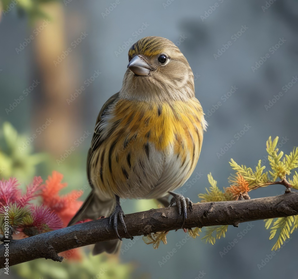 Naklejka premium Close-up of a female Eurasian siskin perched on a branch, with colorful feathers and vibrant colors, vibrant, feathers
