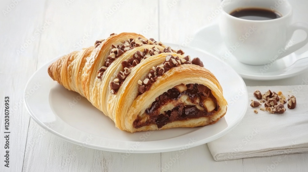 Chocolate Hazelnut Croissant with Coffee on White Table Chocolate Hazelnut Croissant with Coffee on White Table