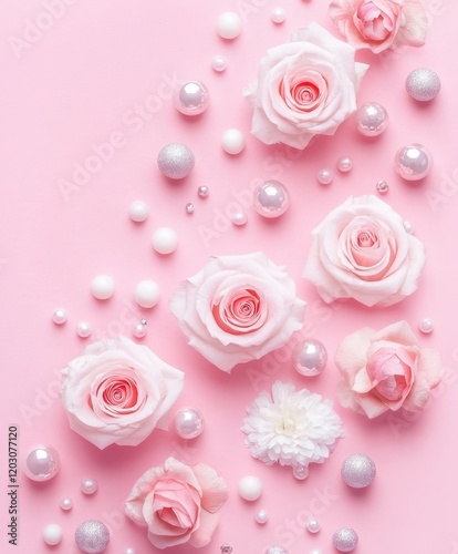 Delicate pink roses entwine with lustrous pearls, set against a soft pink backdrop, evoking romance and elegance for a perfect Valentine's Day celebration.
