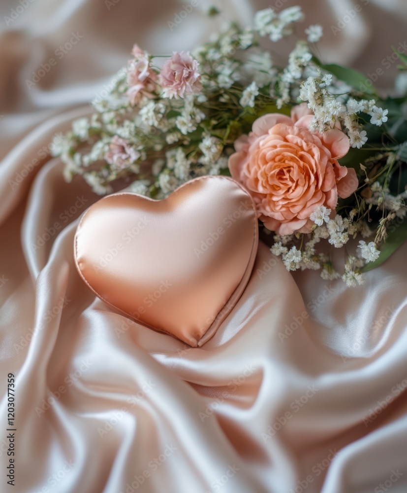 Fototapeta premium A romantic heart-shaped box adorned with vibrant flowers rests elegantly on a soft satin surface, embodying love and affection for Valentine's Day.