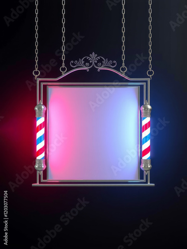elegant frame with barber poles hanging from chains and cinematic lighting for barber stencils