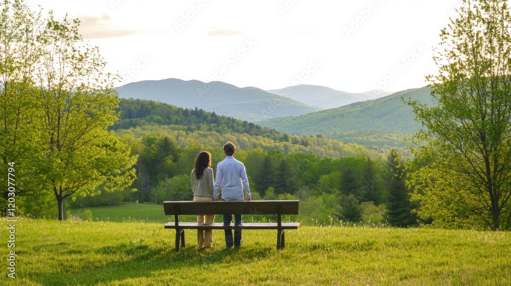 Couple Holding Hands on Bench Overlooking Meadow Couple Holding Hands on Bench Overlooking Meadow