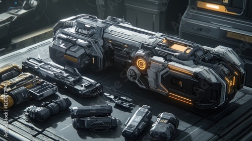 Futuristic weapon components on a metallic surface.