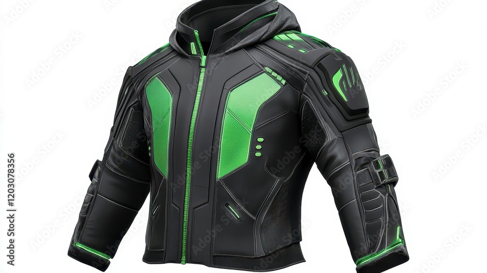 Futuristic Black and Green Jacket with Hood and Unique Design Futuristic Black and Green Jacket with Hood and Unique Design