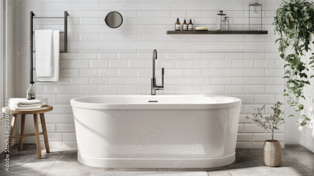 Fototapeta premium Modern Bathtub in a Bright Clean Bathroom
