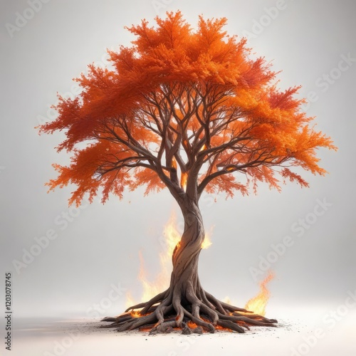 Burning tree on white background with vibrant orange and red flames , charcoal, fiery tree, flame