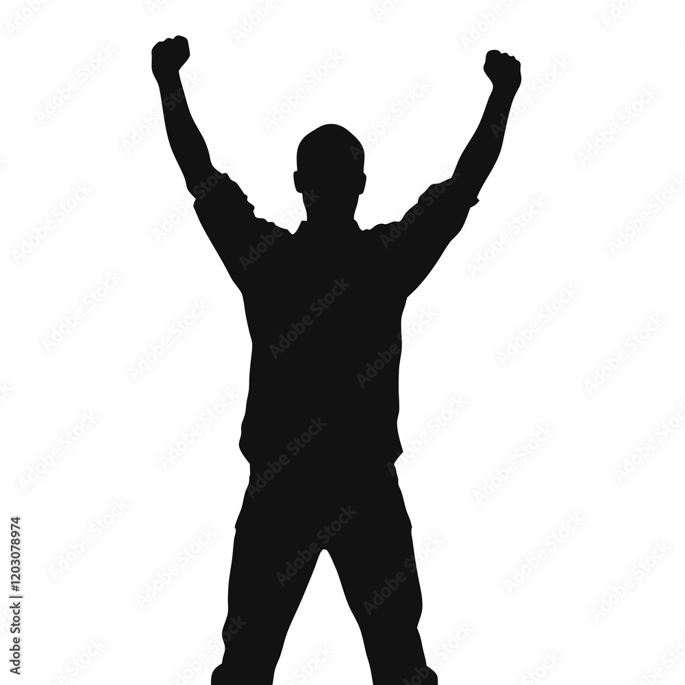 A man is standing with his arms raised in the air. He is wearing a black shirt and black shorts A man is standing with his arms raised in the air. He is wearing a black shirt and black shorts