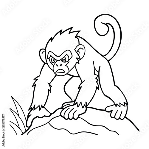 Angry cartoon Line Art monkey on a rock, perfect for coloring pages.