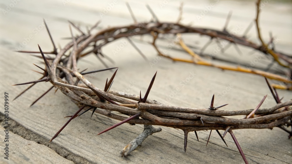 Branches and thorns forming a thorny crown, botanical, verdure, stem, foliage, botanical illustration Branches and thorns forming a thorny crown, botanical, verdure, stem, foliage, botanical illustration