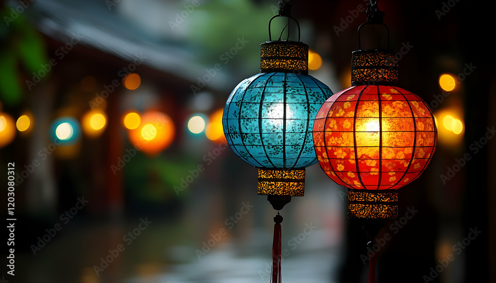 Obraz premium Illuminated lanterns, Asian street, night market, rain