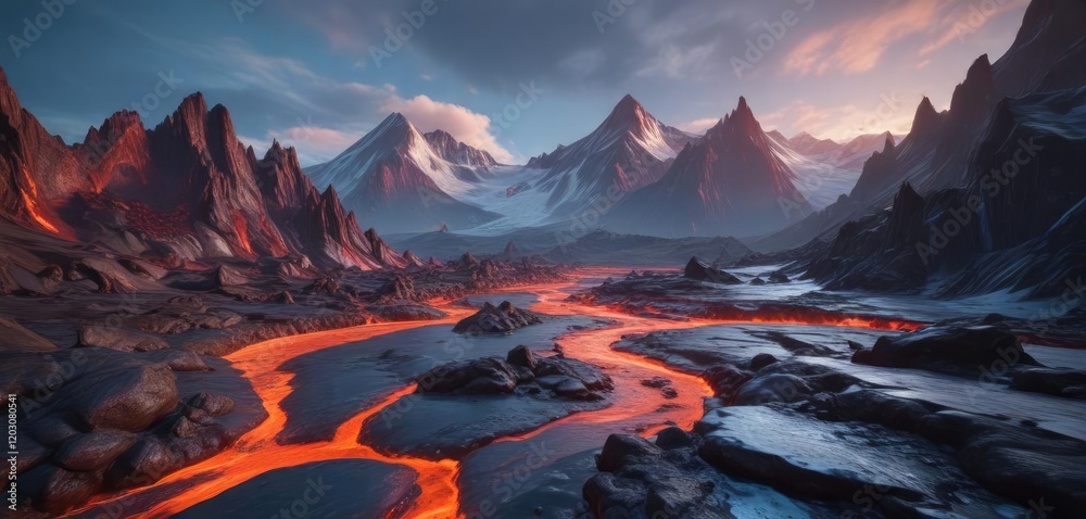 Naklejka premium Blue icy mountains with red hot lava flowing through the valley , fiery flow,