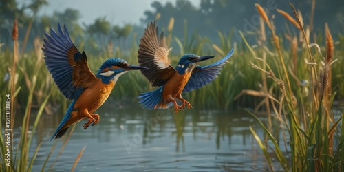 Blue and orange kingfisher in flight over the reeds, wildlife, wingspan