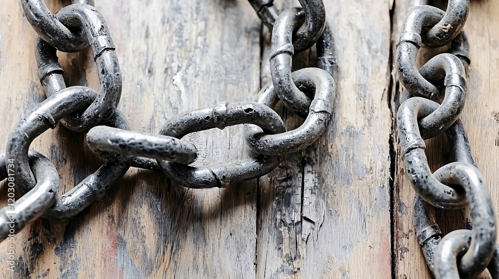 view of decayed and broken chain links on a distressed wooden surface, emphasizing the battle for autonomy and release from bondage struggle for freedom. view of decayed and broken chain links on a distressed wooden surface, emphasizing the battle for autonomy and release from bondage struggle for freedom.