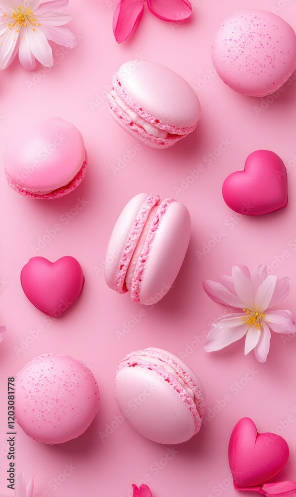 Sweet macarons and delicate flowers rest on a soft pink backdrop, creating a romantic scene perfect for celebrating love on Valentine's Day. Sweet macarons and delicate flowers rest on a soft pink backdrop, creating a romantic scene perfect for celebrating love on Valentine's Day.