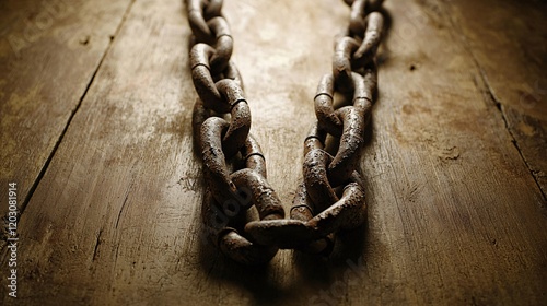 shot of corroded chain segments on a wooden table, depicting the journey to liberation and breaking free from oppressive forces struggle for freedom.  photo