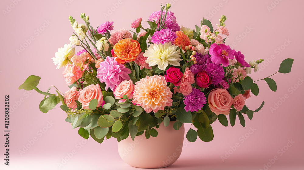 Romantic Flower Arrangement on Pastel Pink Background with Elegant Floral Design Romantic Flower Arrangement on Pastel Pink Background with Elegant Floral Design