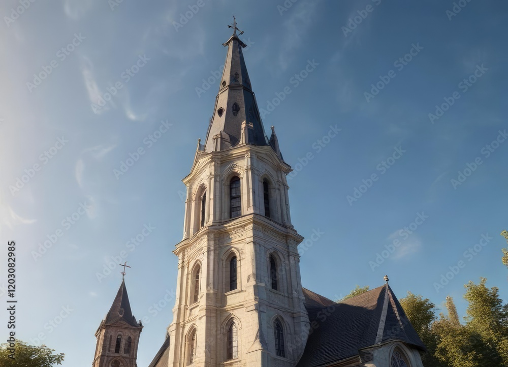 Fototapeta premium Beautiful Catholic church with a prominent cross atop its steeple, catholic, wooden beams, ornate decorations