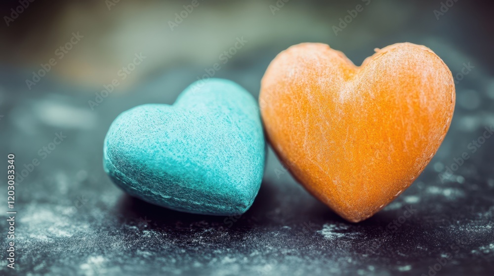 Fototapeta premium A playful scene featuring vibrant hearts; one shaped like a bright orange carrot and another in a soothing blue hue, celebrating love's whimsical side.