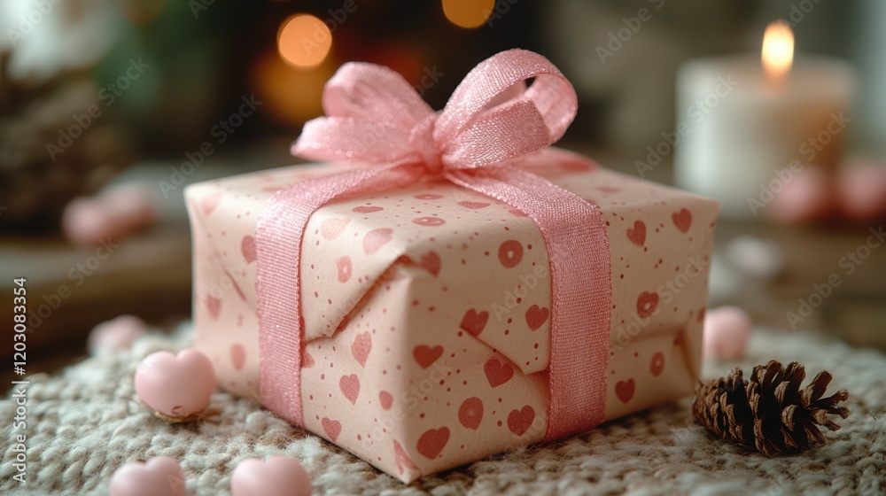 A delightful pink gift adorned with a charming pink bow and a rustic pine cone, perfect for expressing love this Valentine's Day. A delightful pink gift adorned with a charming pink bow and a rustic pine cone, perfect for expressing love this Valentine's Day.