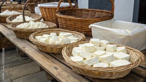 Baskets of fresh sheep cheese on a rustic table, country style, rustic decoration