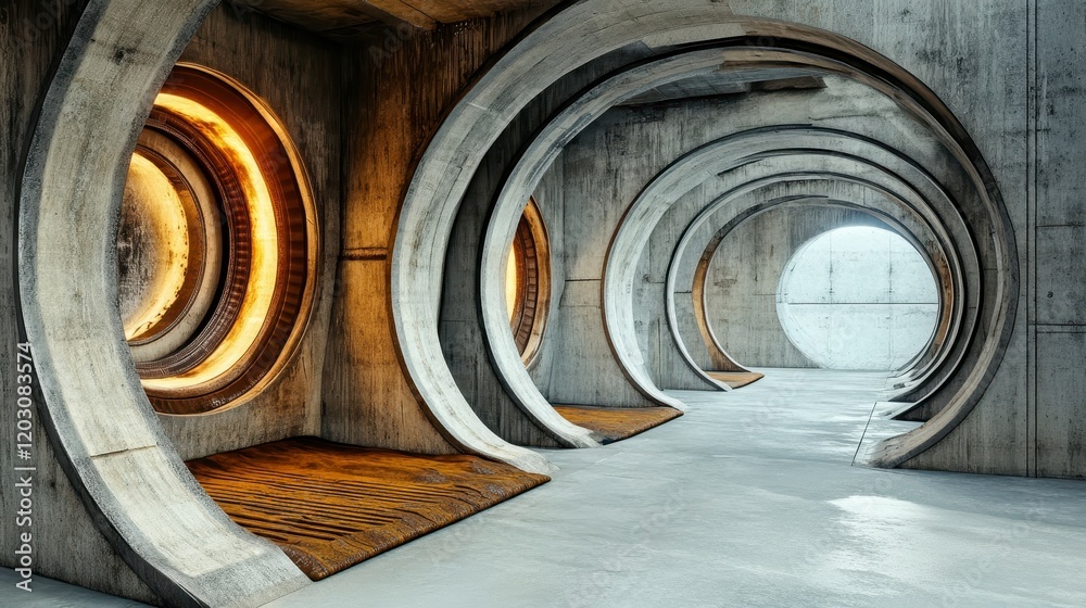 Futuristic Concrete Hallway with Circular Light Accents and Textures Futuristic Concrete Hallway with Circular Light Accents and Textures
