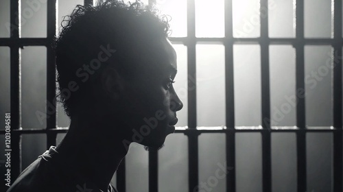 black and white shot of cell bars, highlighting the severity of imprisonment, with copy space between bars symbolizing struggle for freedom struggle for freedom. 