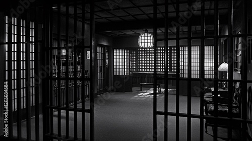 black and white shot of cell bars, highlighting the severity of imprisonment, with copy space between bars symbolizing struggle for freedom struggle for freedom.  photo