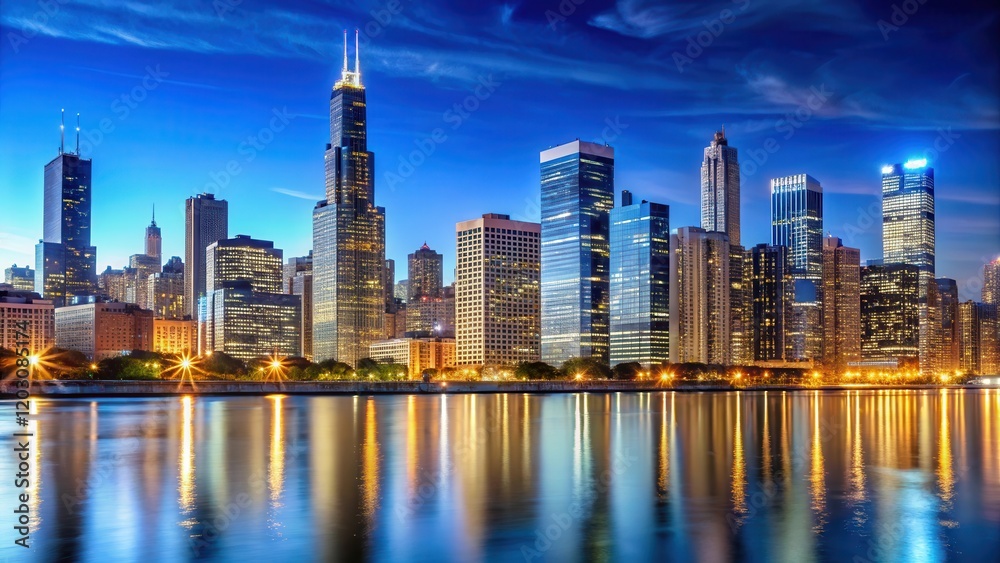 Naklejka premium Downtown Chicago skyscrapers lit up at night against a clear blue sky
