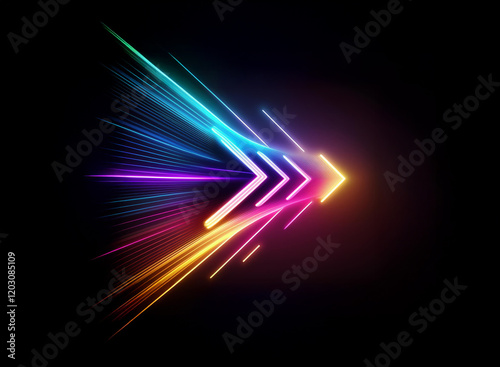 Abstract vibrant arrow design.  Multicolored neon streaks radiate from a central, glowing point, suggesting motion and speed. The arrow points towards the right.