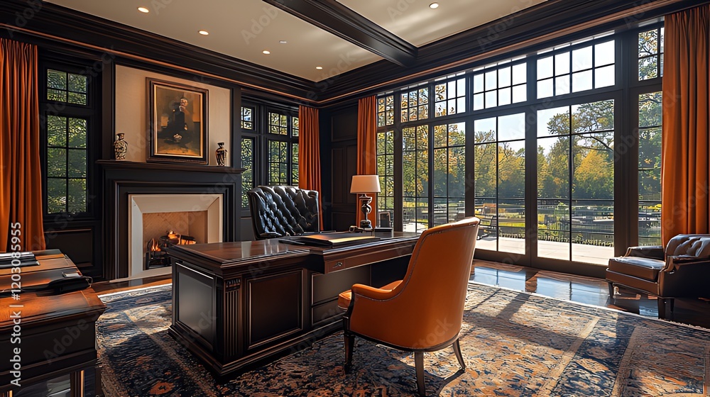 Naklejka premium Luxurious home office, autumn view, fireplace, design