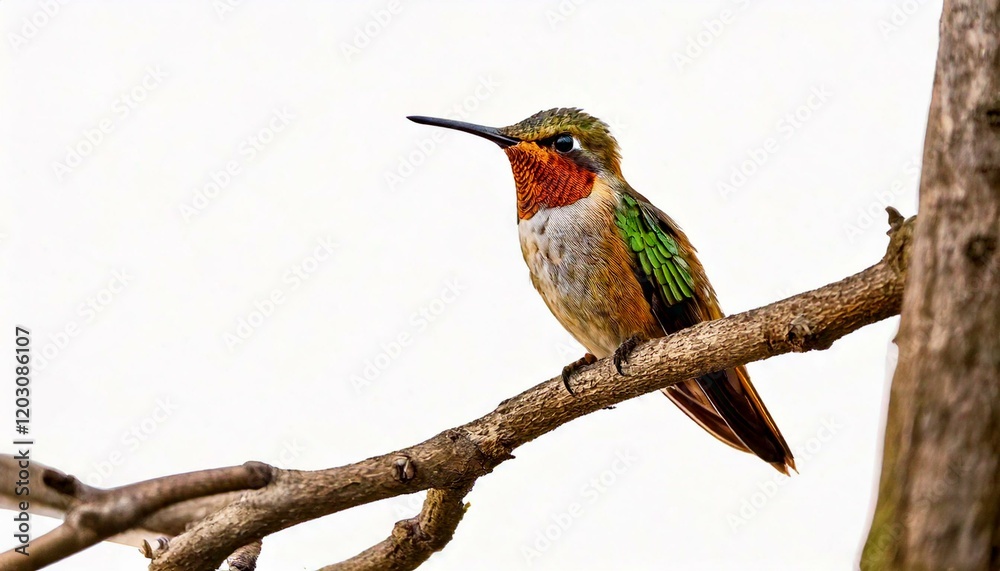 Fototapeta premium hummingbird perched on a tree, isolated white background, copy space