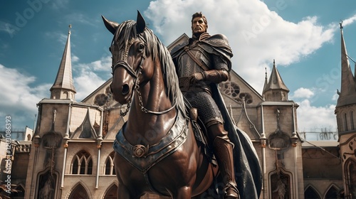 Imposing bronze equestrian statue of a heroic figure on a pedestal in the center of a lively city square surrounded by grand neoclassical buildings and a bustling urban landscape in the background photo