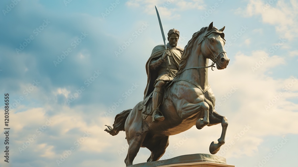 Obraz premium Towering bronze equestrian statue of a noble rider and horse standing tall and proud in the bustling heart of the city This impressive monument commands attention
