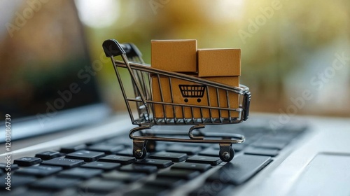 Mini shopping cart on computer keyboard	 photo
