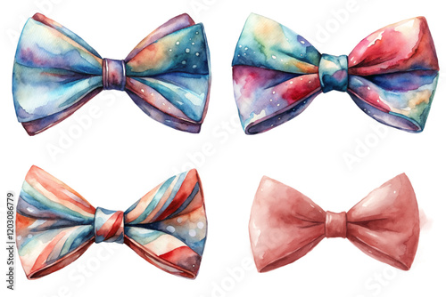 Colorful watercolor bow ties, artistic design, vibrant patterns, stylish accessories, fashion illustration, creative artwork.