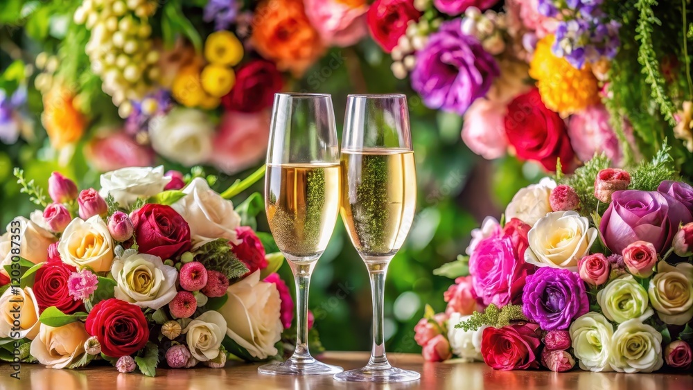 Elegant wine glasses raised in a toast amidst a colorful bouquet of roses and champagne bottles, joyful Elegant wine glasses raised in a toast amidst a colorful bouquet of roses and champagne bottles, joyful